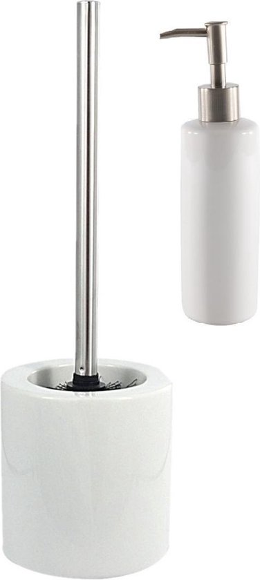 Toilet accessoires set 2-delig - toiletborstel in houder en zeeppompje wit  keramiek | bol