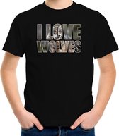 Tekst shirt I love wolves met dieren foto van een wolf zwart voor kinderen - cadeau t-shirt wolven liefhebber - kinderkleding / kleding L (146-152)