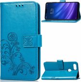 Lucky Clover geperste bloemenpatroon lederen tas voor Xiaomi Mi 8 Lite, met houder en kaartsleuven & portemonnee en handriem (blauw)