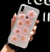Daisy Pattern Real Dried Flowers Transparent Soft TPU Cover voor iPhone XR (roze)