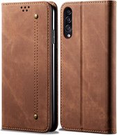 Voor Galaxy A50s / A50 / A30s denim textuur casual stijl horizontale flip lederen tas met houder en kaartsleuven en portemonnee (bruin)