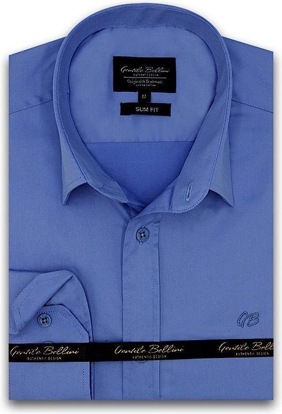 Heren Overhemd - Slim Fit - Luxury Plain Satijn - Blauw - Maat S