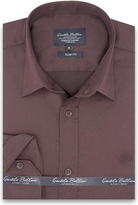 Heren Overhemd - Slim Fit - Luxury Plain Satijn - Bruin - Maat S