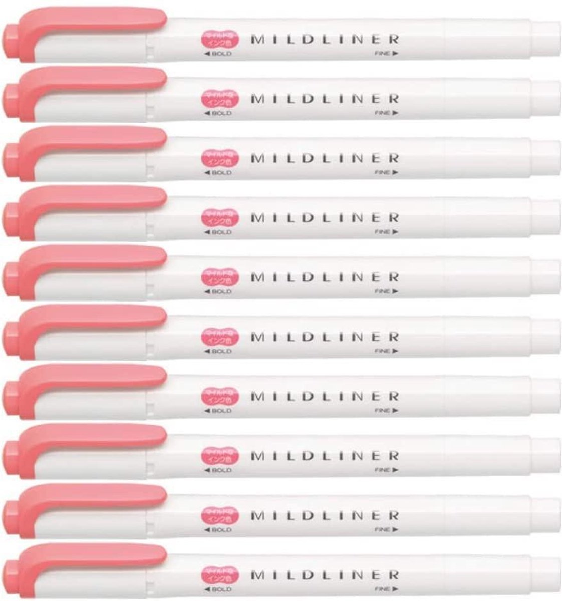 Zebra Mildliner Double-Sided Highlighter - Fine / Bold – Mild Coral Pink Set van 10 + een Luxe Zipperbag - WKT7-MCOP