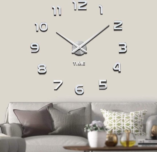 Horloge murale 3D moderne grande - 60 à 100 cm - Chiffre Argent | bol
