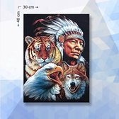 Diamond Painting Pakket Indiaan, Adelaar, Tijger en Wolf - ronde steentjes - 30 x 40 cm