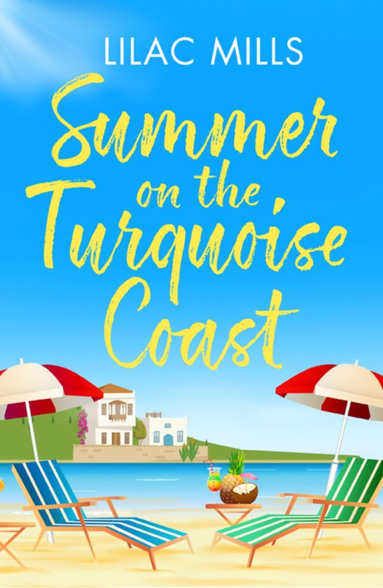 Zomer aan de Turquoise Kust, door Lilac Mills. Een strandtafereel met ligstoelen, parasols en een huis aan zee.