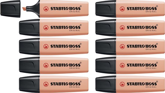 Tien perzikkleurige STABILO BOSS ORIGINAL markers, elk met zwarte dop.