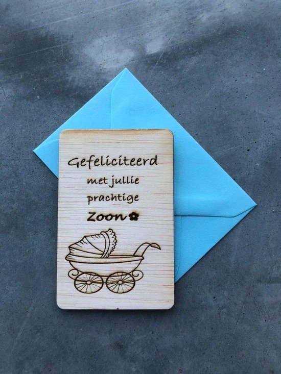 Houtvanjou.nu houten wens kaartje houten wenskaartje prachtige zoon geboorte kinderwagen blauw baby