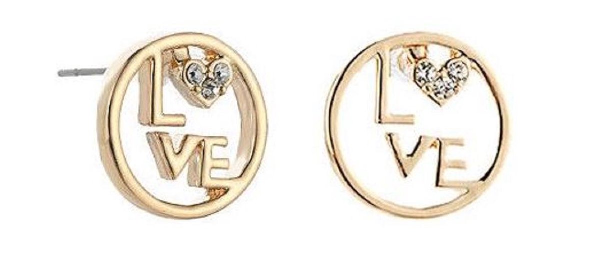 Schitterende Gold Plated Oorknopjes met LOVE en Zirkonia Hartje