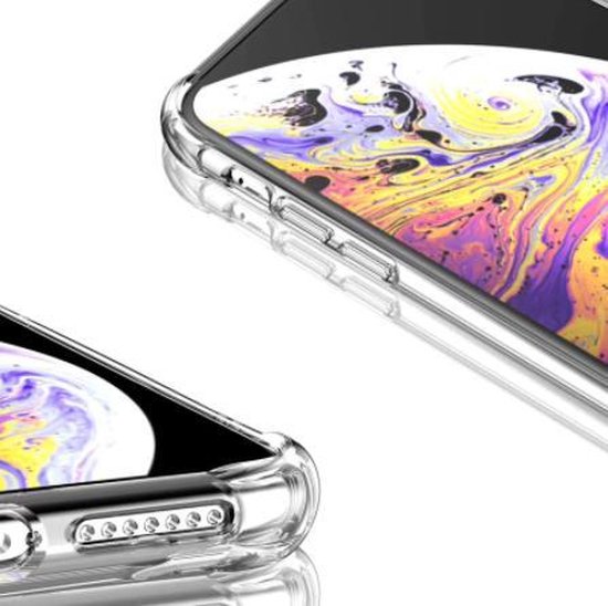 Coque transparente aux coins renforcés, avec un iPhone X/Xs et un fond jaune-violet.