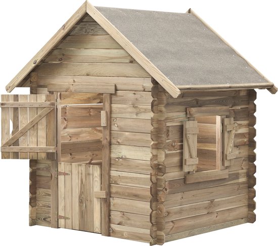 Houten speelhuis met schuin dak, een raam met luiken en een deur.