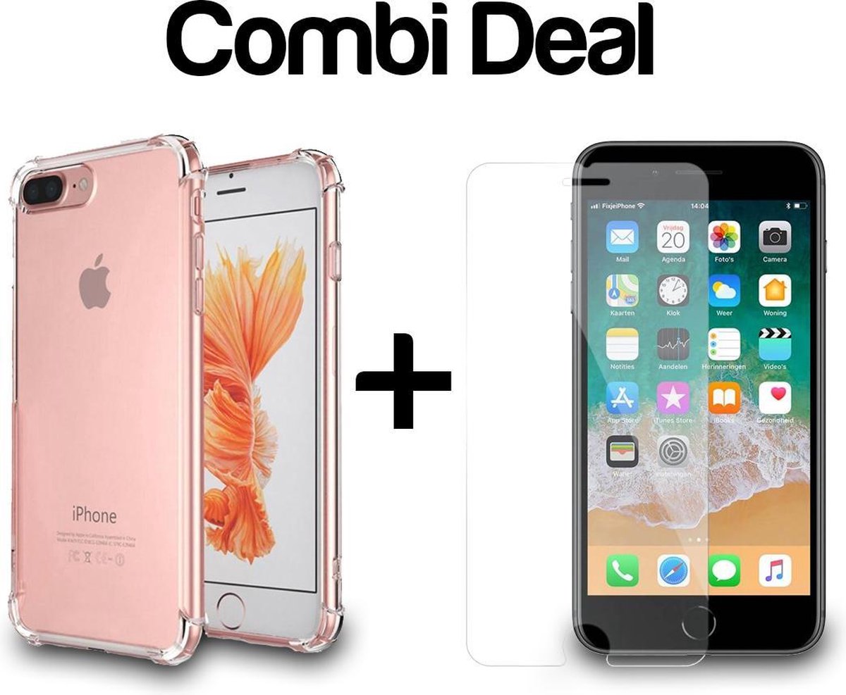 iPhone 7/8 Plus | TPU Silicone Hoesje Bumper Case Transparant Shockproof + Tempered Glass Screenprotector | Smartphonica