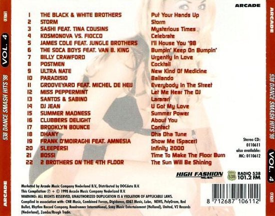 Achterkant CD: Lijst met nummers en artiesten, '538 Dance Smash Hits '98 Volume 4'
