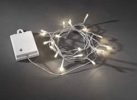 Lichtsnoer met warmwitte micro-leds en een witte batterijhouder.