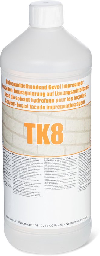 Witte fles met oranje en witte tekst. Het product is een oplosmiddelhoudend gevel impregneer, met 'TK8' in grote oranje letters.