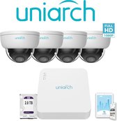 Uniarch beveiligingscamera set - Vandaalbestendig - Binnen en buiten -   4x  IPC-D112-PF28 2MP Full HD IP camera - NVR-104LS-P4 PoE NVRecorder 2TB