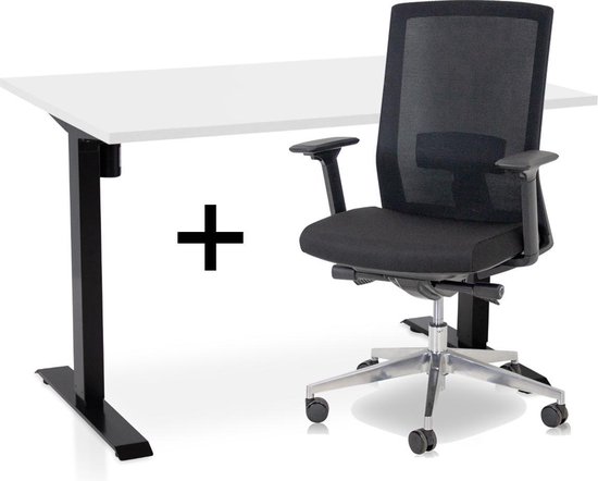 Zit-sta bureau elektrisch verstelbaar +  ERGO Bureaustoel | ARBO EASY Thuiswerkset | frame bureau zwart - bureaublad wit | 120x80 cm