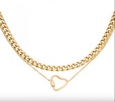 YEHWANG - dubbele ketting - chained heart - goudkleurig - nikkelvrij - dikte 4mm en 1mm