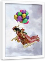 Foto in frame , Man en vrouw hangend aan ballonnen , Historisch Tafereel ,70x100cm , Multikleur , wanddecoratie