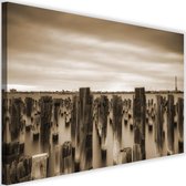 Schilderij Golfbreker in haven, 2 maten, bruin, Premium print