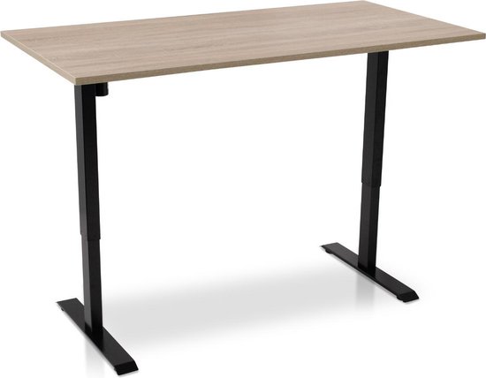 Een rechthoekig, lichtbruin houten zit-sta bureau met een verstelbaar zwart frame en voeten.