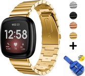 Luxe Metalen Armband Geschikt Voor Fitbit Sense/ Fitbit Versa 3 Horloge Bandje - Schakel Polsband Strap RVS - Met Horlogeband Inkortset - Stainless Steel Watch Band - One-Size - Goud Kleurig