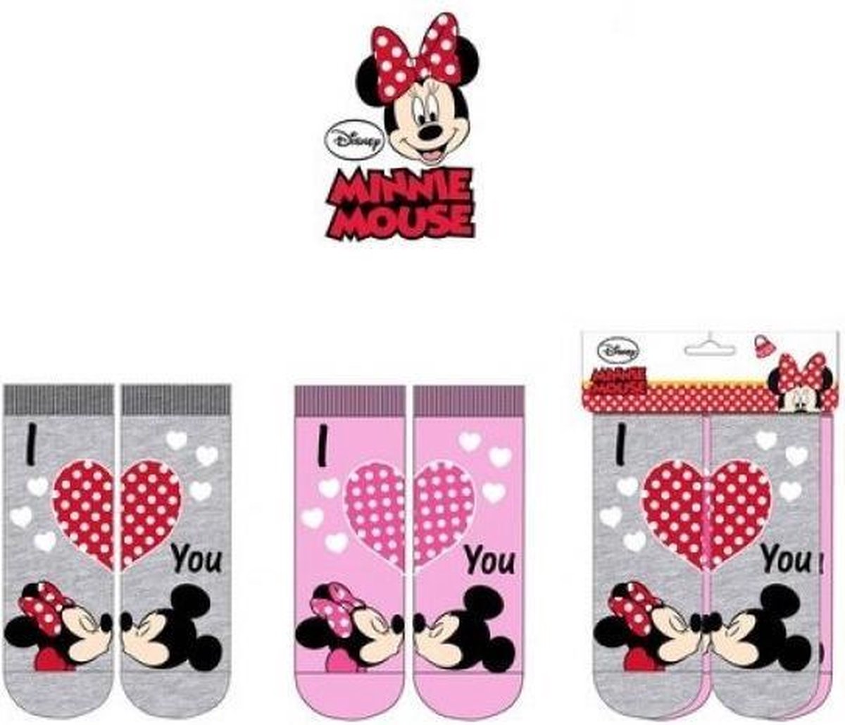 Minnie Mouse Sokken | 2 Paar | Grijs en Roze | Hartje | Maat 31-34