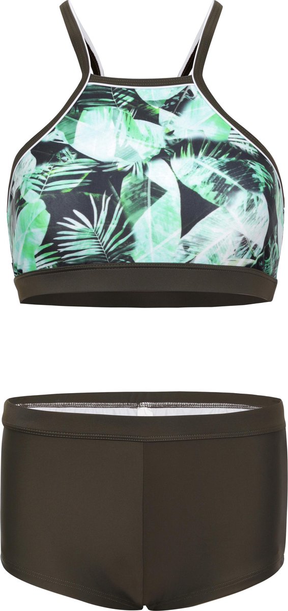La V Bikini hipster broekje en crop top met racerback - Palm leaf 164-170 Olijfgroen