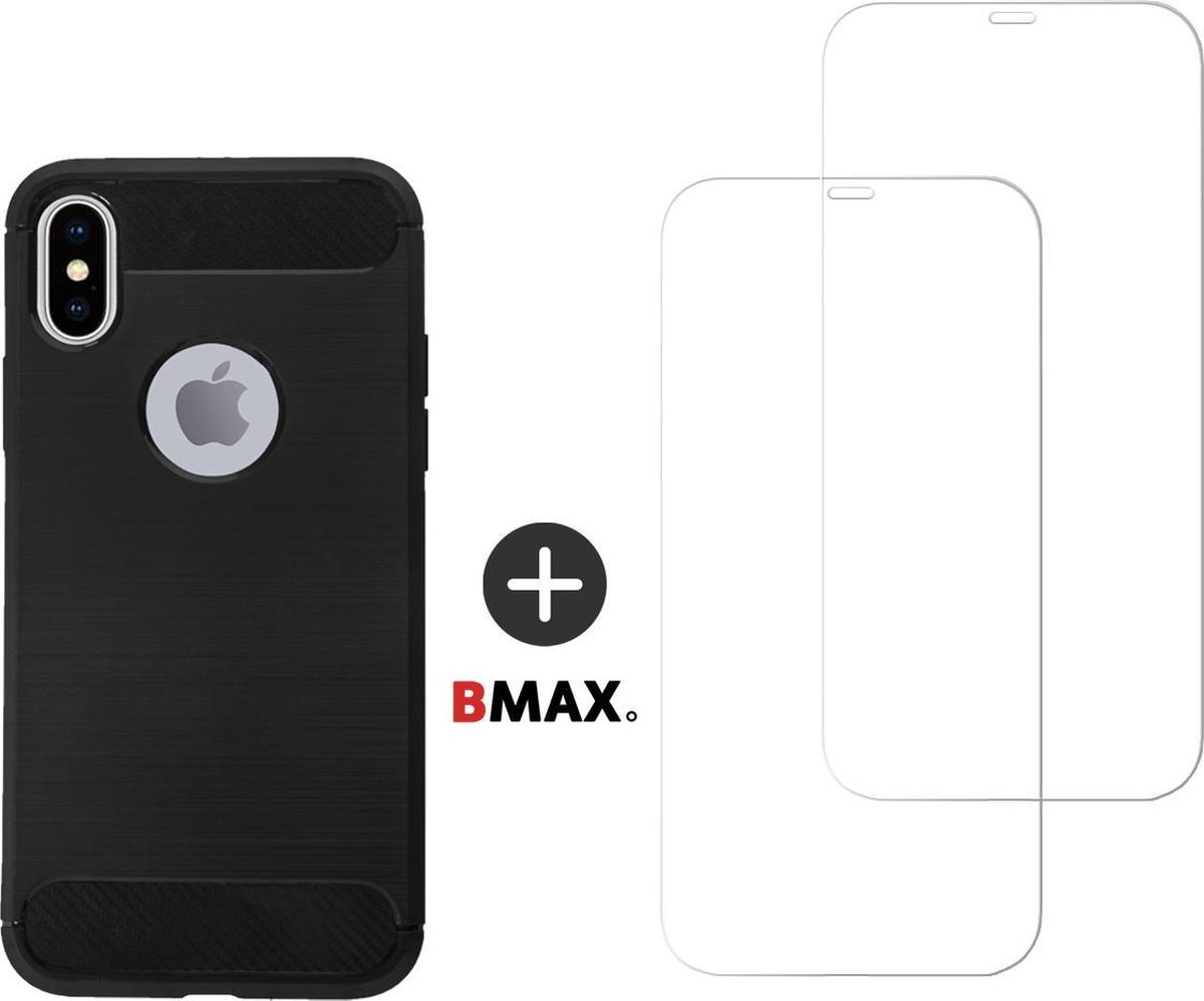 BMAX Telefoonhoesje geschikt voor iPhone XS - Carbon softcase hoesje zwart - Met 2 screenprotectors