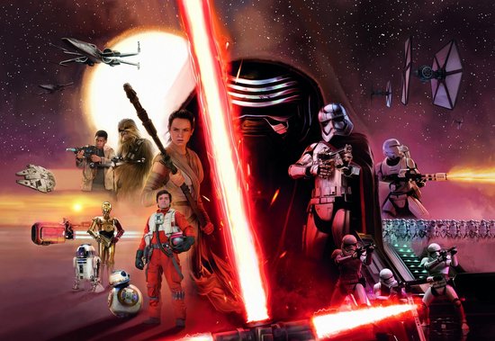 Collage Star Wars avec Kylo Ren, Rey, Finn, BB-8, C-3PO, R2-D2, Chewbacca et des TIE fighters.