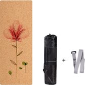 Bodhi Yoga Mat van Kurk en Zwart Rubber - met Bloem Afdruk - Extra Dik en Breed - Inclusief Draagtas