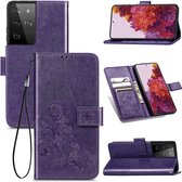 Vierbladige sluiting Reliëfsluiting Mobiele telefoonbescherming Leren tas met lanyard & kaartsleuf & portemonnee & beugelfunctie voor Samsung Galaxy S30 Ultra (paars)
