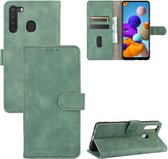 Voor Samsung Galaxy A21 (Euraziatische versie) Effen kleur Huidgevoel Magnetische gesp Horizontale flip kalftextuur PU lederen tas met houder & kaartsleuven & portemonnee (groen)