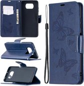 Voor Xiaomi Poco X3 Twee vlinders reliëfpatroon horizontaal flip lederen tas met houder & kaartsleuf & portemonnee & lanyard (donkerblauw)