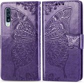 Butterfly Love Flowers Embossing Horizontale Flip Leather Case voor Galaxy A70, met houder & kaartsleuven & portemonnee & lanyard (donkerpaars)