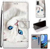 Voor Geschikt voor Xiaomi Redmi Note 9 4G / 9 Power Gekleurde Tekening Cross Texture Horizontale Flip PU Leather Case met Houder & Kaartsleuven & Portemonnee & Lanyard (White Kitte