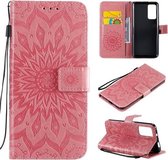 Voor Huawei Honor X10 Geperst Afdrukken Zonnebloem Patroon Horizontale Flip PU Lederen Case Houder & Kaartsleuven & Portemonnee & Lanyard (Roze)