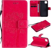 Voor Huawei Y5p Tree & Cat reliÃ«fpatroon Horizontale flip lederen tas met houder & kaartsleuven & portemonnee en lanyard (rose rood)