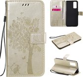 Voor Huawei Honor 30 Tree & Cat reliÃ«fpatroon Horizontale flip lederen tas met houder & kaartsleuven & portemonnee en lanyard (goud)