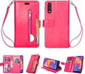 Voor Huawei P20 Multifunctionele Rits Horizontale Flip Leren Case met Houder & Portemonnee & 9 Kaartsleuven & Lanyard (Rose Rood)