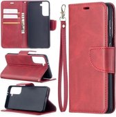 Voor Samsung Galaxy S21 5G Lamsleer Textuur Pure Kleur Horizontale Flip PU Lederen Case met Houder & Kaartsleuven & Portemonnee & Lanyard (Rood)