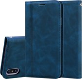 Voor iPhone XS Max Frosted Business Magnetische horizontale flip PU lederen tas met houder en kaartsleuf en lanyard (blauw)