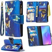 Voor xiaomi redmi k20 / mi 9t gekleurde tekening patroon rits horizontale flip lederen case met houder & kaartsleuven & portemonnee (gouden vlinder)