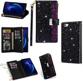 Voor iPhone 6 Plus / 6s Plus Multikaartsleuven Sterrenhemel Lasergravure Glitter Rits Horizontale Flip Leren Case met Houder & Portemonnee & Lanyard (Zwart)