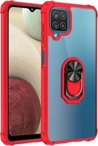 Voor Samsung Galaxy A12 schokbestendig transparant TPU + acryl beschermhoes met ringhouder (rood)