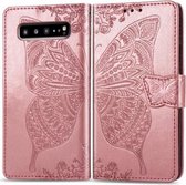 Butterfly Love Flowers Embossing Horizontale Flip Leather Case Voor Galaxy S10 5G met Houder & Kaartsleuven & Portemonnee & Lanyard (Rose goud)