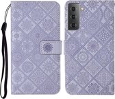 Voor Samsung Galaxy S21 + 5G etnische stijl reliëf patroon horizontale flip lederen tas met houder & kaartsleuven & portemonnee & lanyard (paars)