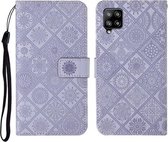 Voor Samsung Galaxy A12 etnische stijl reliëf patroon horizontale flip lederen tas met houder & kaartsleuven & portemonnee & lanyard (paars)