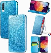 Voor Samsung Galaxy A50 Blooming Mandala Reliëfpatroon Magnetische Horizontale Flip Leren Case met Houder & Kaartsleuven & Portemonnee (Blauw)